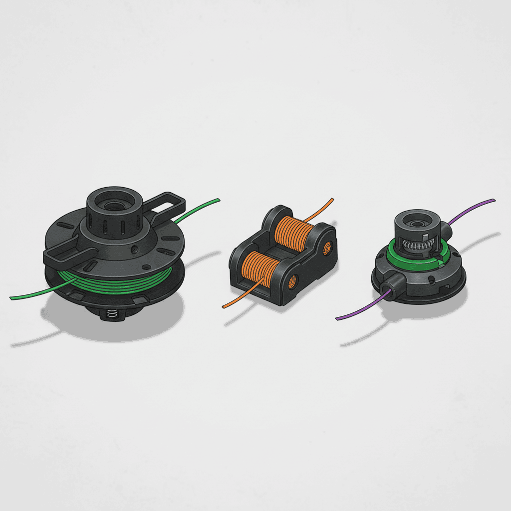 Three types of trimmer heads: bump-feed, fixed-spool, and automatic-feed designs