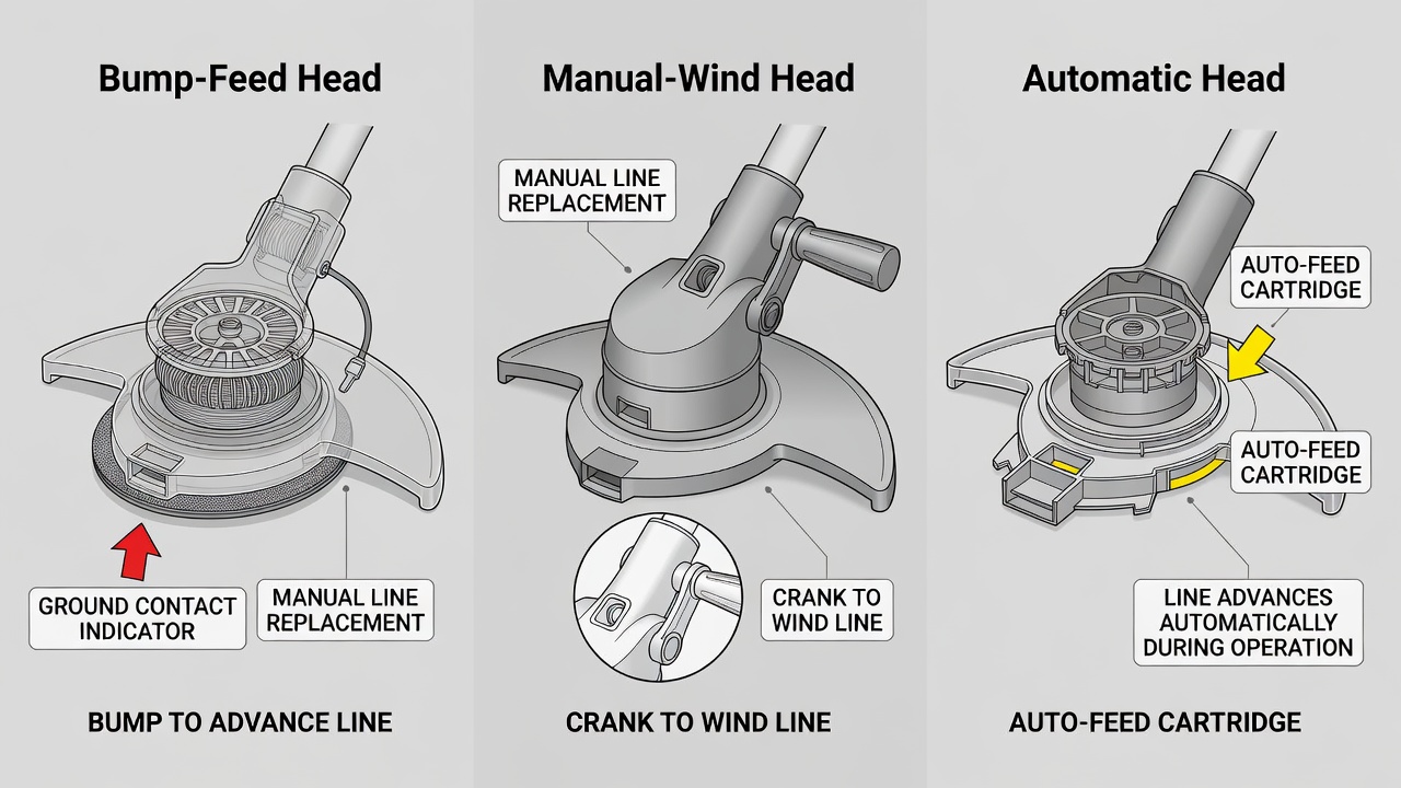 Three types of weed wacker heads showing bump-feed, manual-wind, and automatic designs