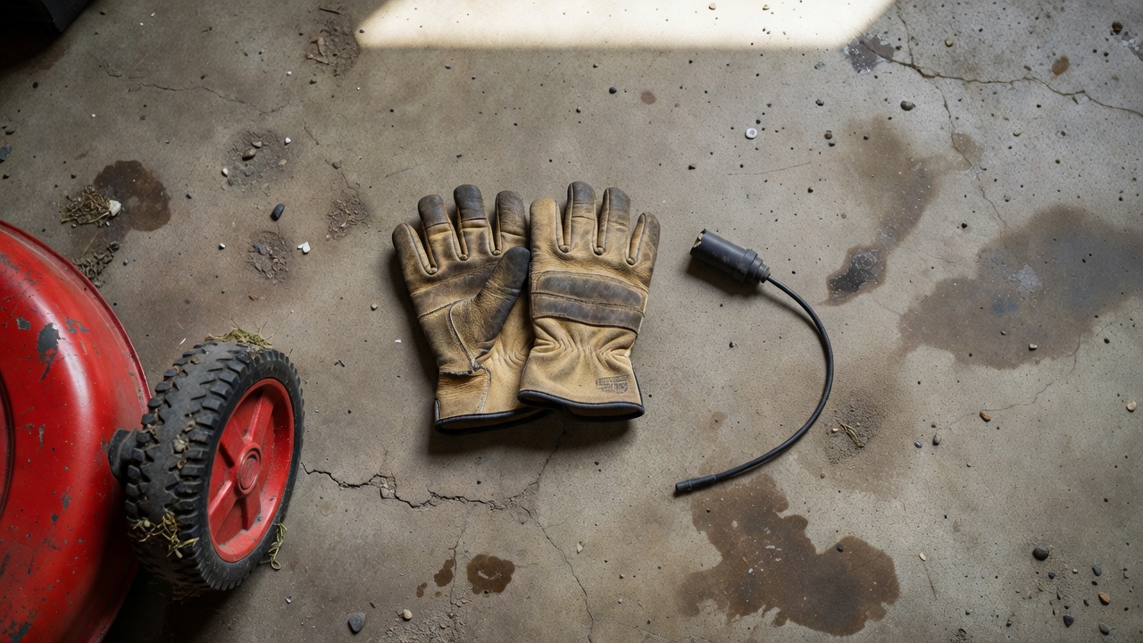 Work gloves and disconnected spark plug boot on a garage floor beside a lawn mower wheel