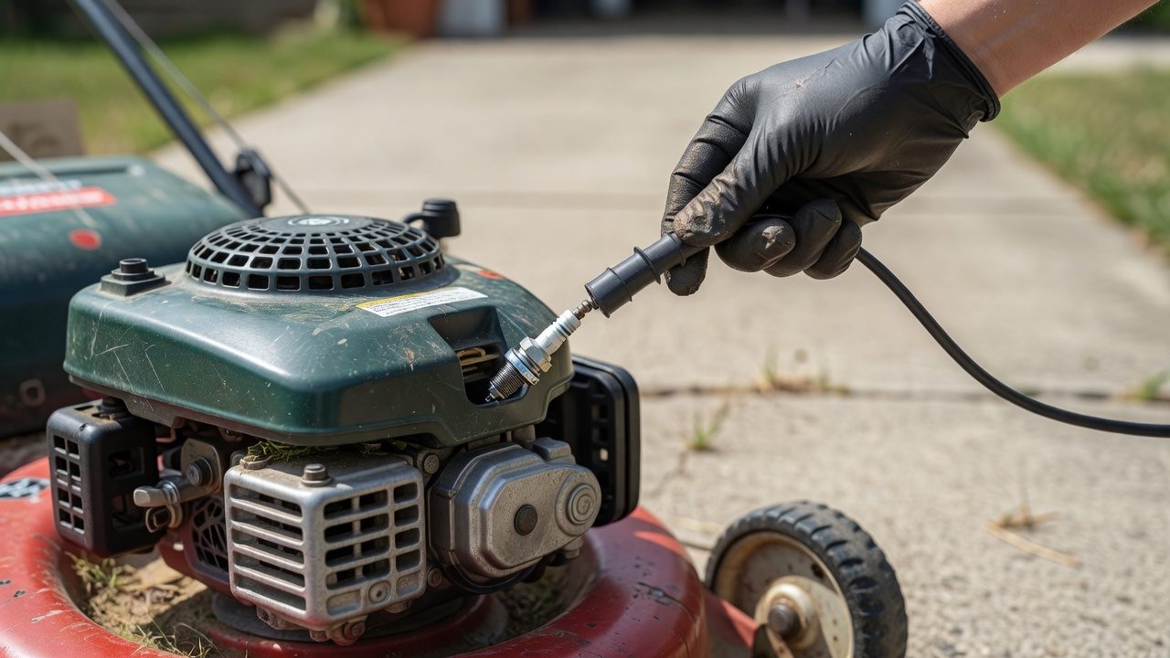 Gloved hand disconnecting a spark plug wire on a gas push mower parked on a flat concrete driveway