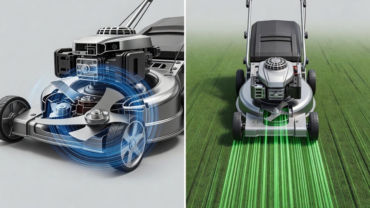 Side-by-side diagram contrasting blade RPM rotation with forward ground speed of a lawn mower