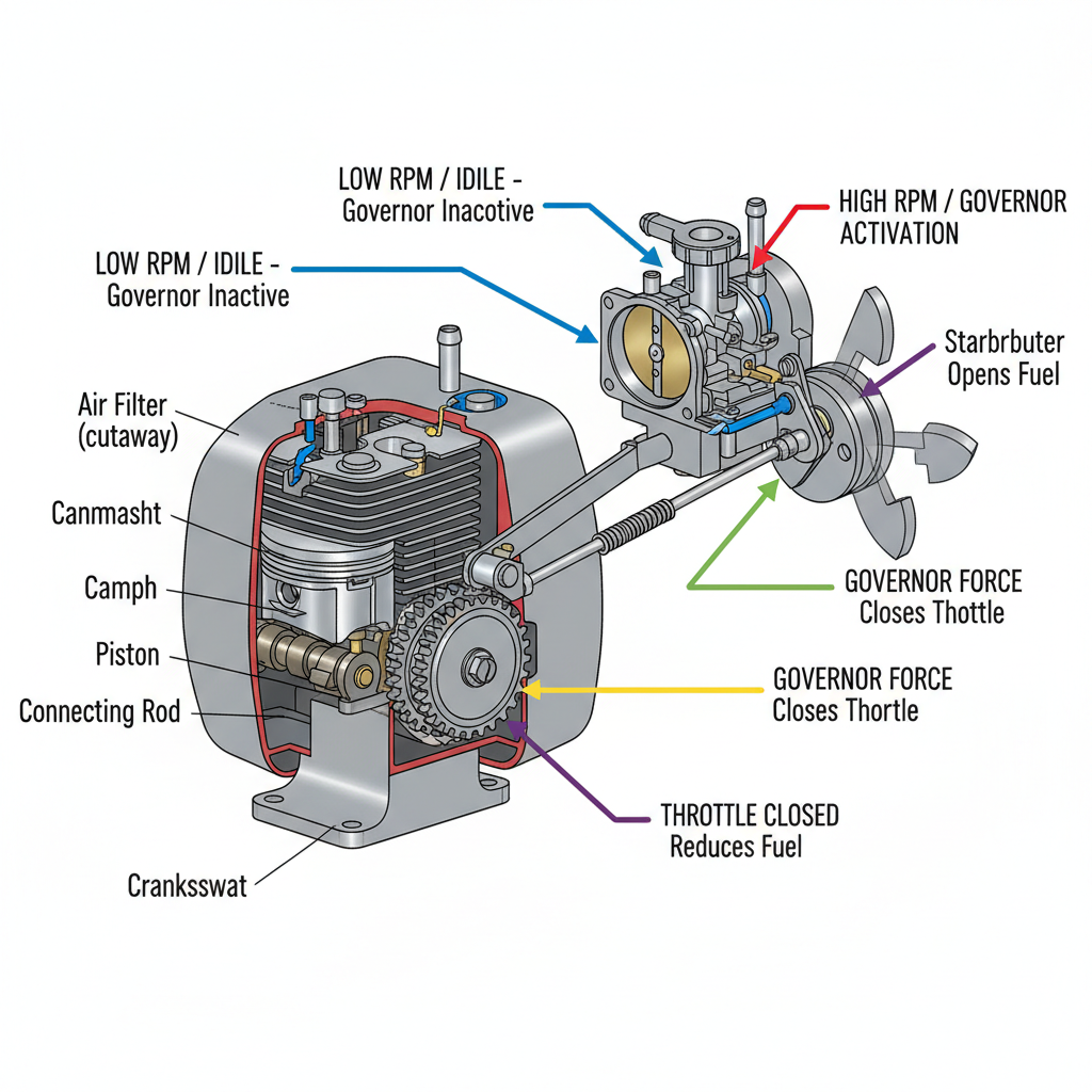 Engine governor mechanism cross-section showing how RPM limits are enforced