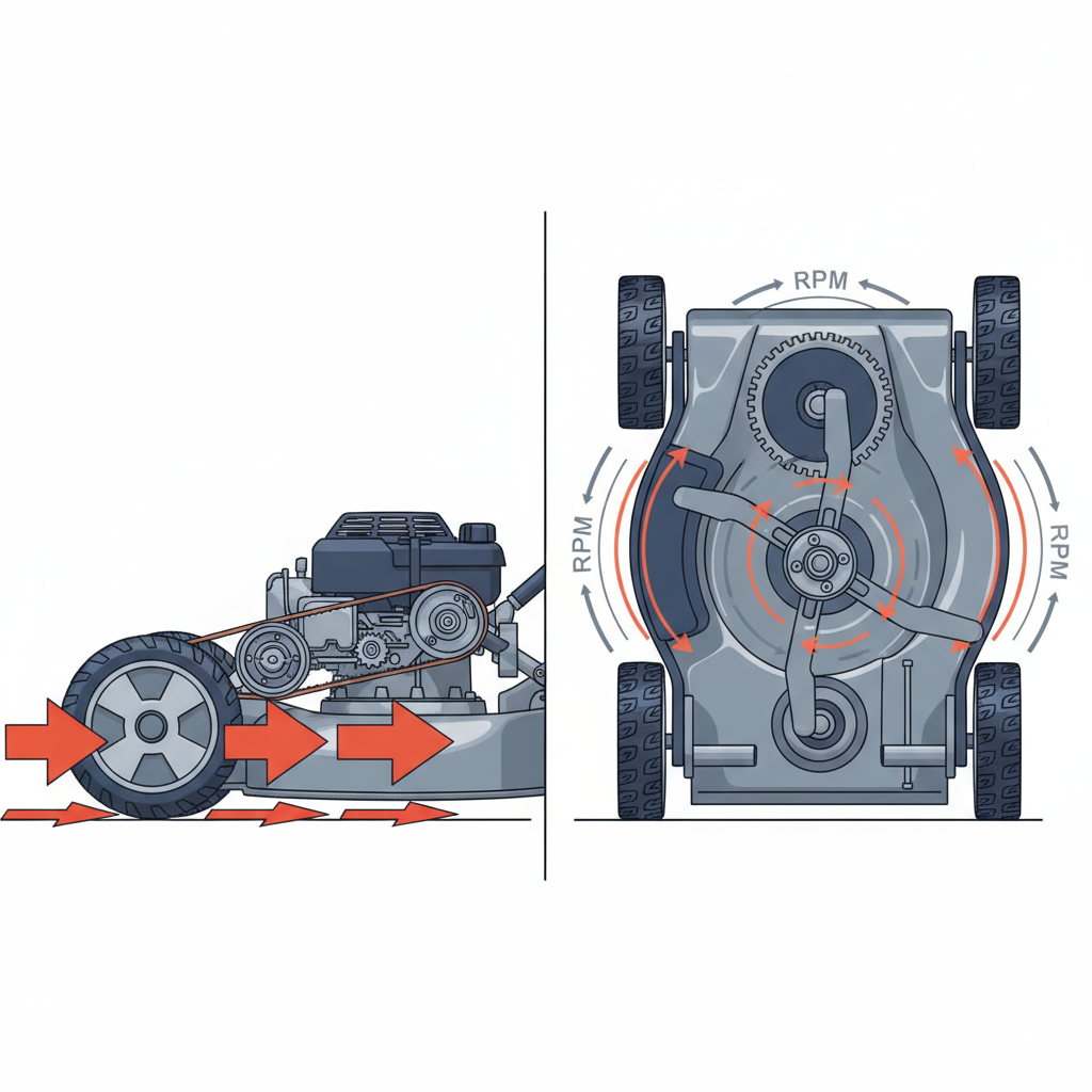 How Can You Make a Lawn Mower Go Faster? (Engine Tuning & Performance Guide) Comparison diagram of operational ground speed versus blade cutting speed on a lawn mower