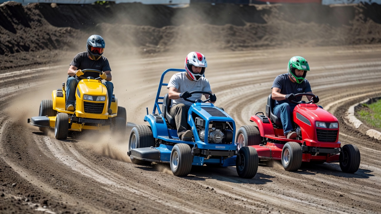 Three racing lawn mowers competing on a dirt oval track with visible tire roosts, showing action from a low angle in bright outdoor daylight.