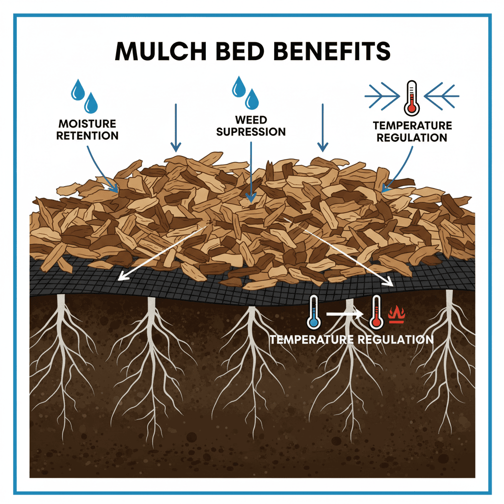 Cross-section diagram showing mulch bed layers and their benefits