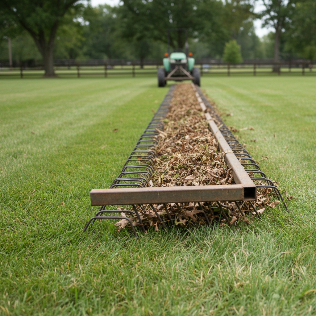 Tow-behind rake tines skimming grass and lining dry leaves into a windrow