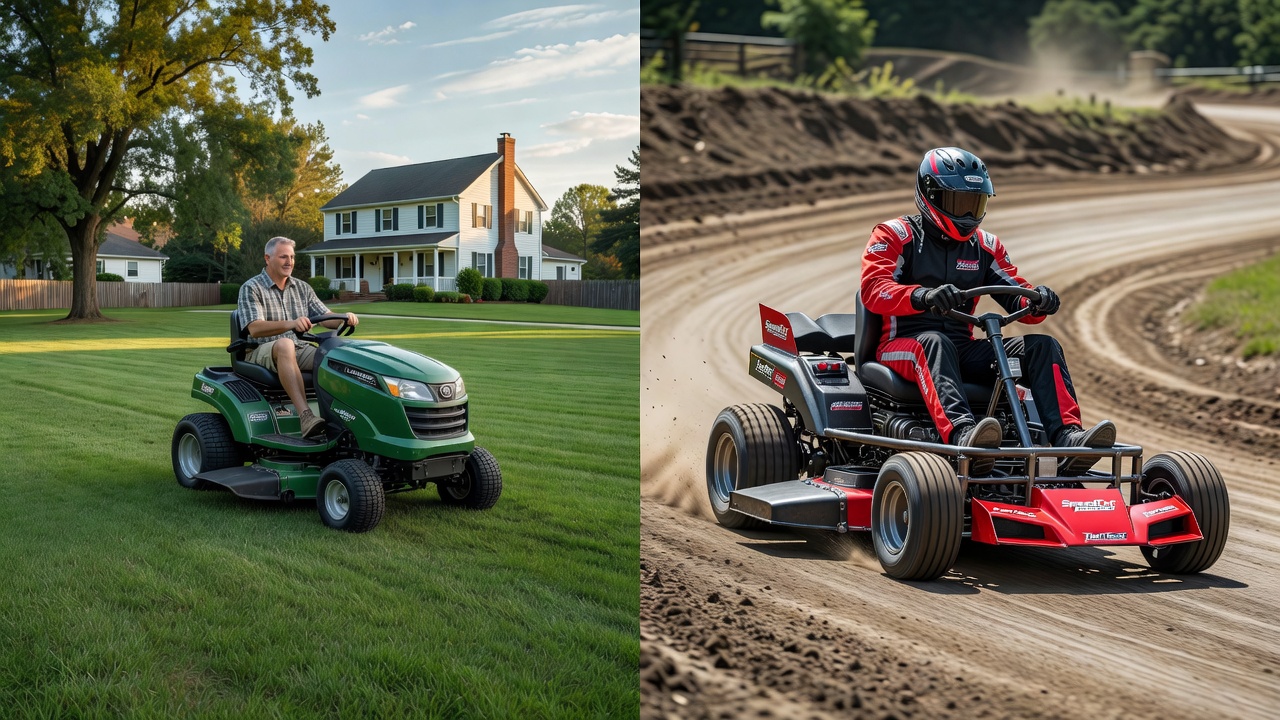 Before and after comparison of stock lawn mower versus racing lawn mower