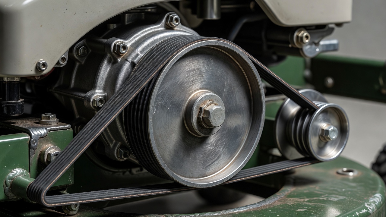 Close-up view of a riding lawn mower's drive belt and pulley system.