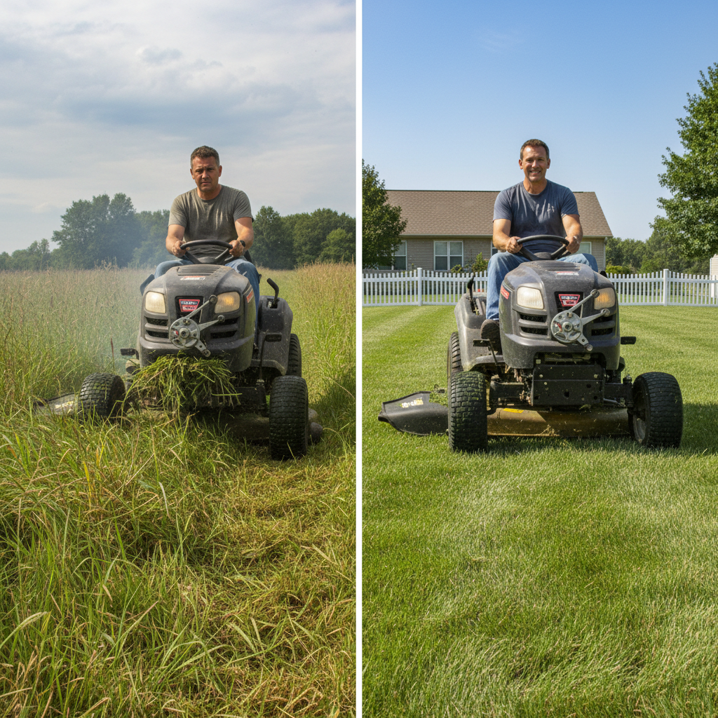 How Do You Make a Riding Lawn Mower Go Faster? (Safe Modifications & Maintenance Guide) Comparison of struggling mower with buildup versus clean, efficient mower