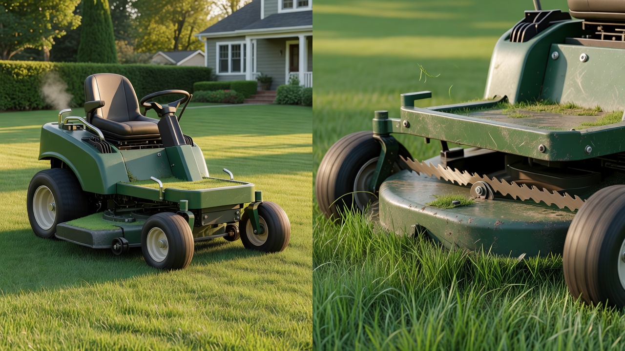 How to Make a Riding Lawn Mower Go Faster: Safe Tuning & Performance Tips Split scene comparing a mower traveling across grass versus close-up of spinning cutting blades.