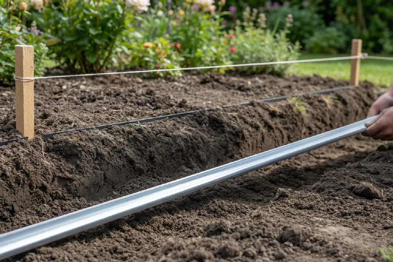 How to Make Edging: A Step-by-Step Guide to Common Methods Metal edging being installed into a shallow trench along a marked garden border