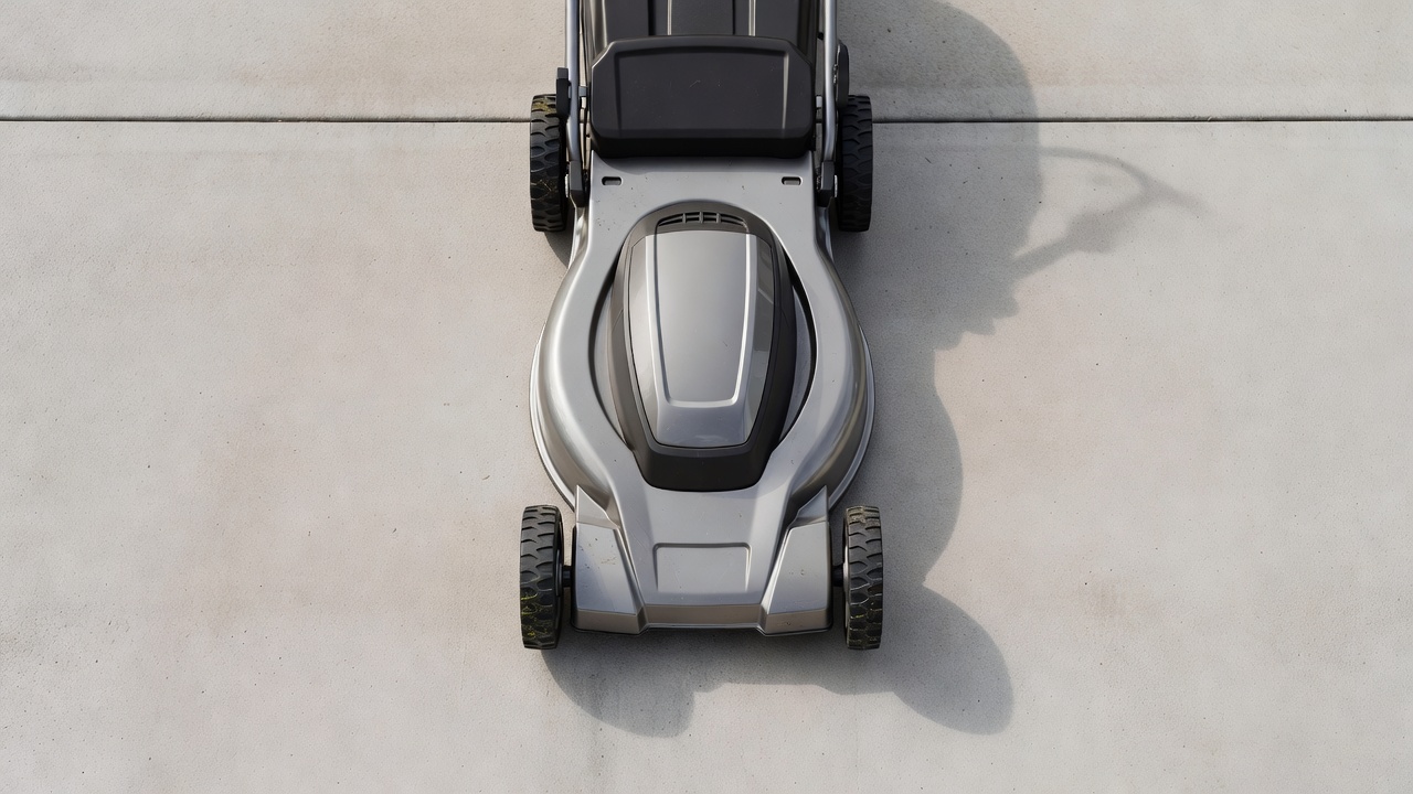 Lawn mower photographed from above showing its cutting deck and rear drive wheels