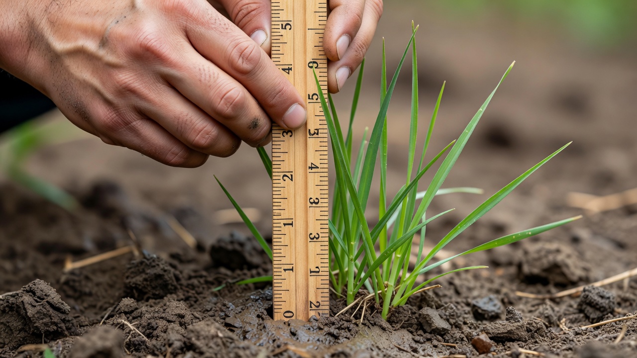 How Do You Measure Lawn Height? (Methods, Tools & Best Practices) Ruler placed vertically against grass blades for height measurement