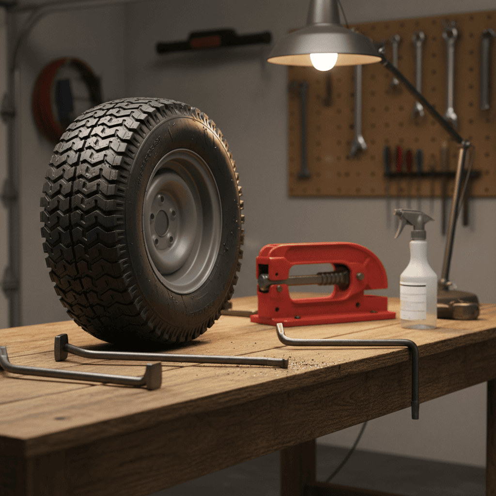 A freshly mounted lawn mower tire on its rim with mounting tools arranged beside it on a workbench