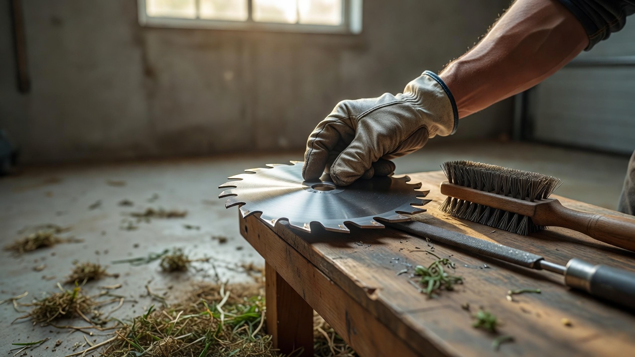 Gloved hand inspecting a lawn mower blade on a workbench before mowing