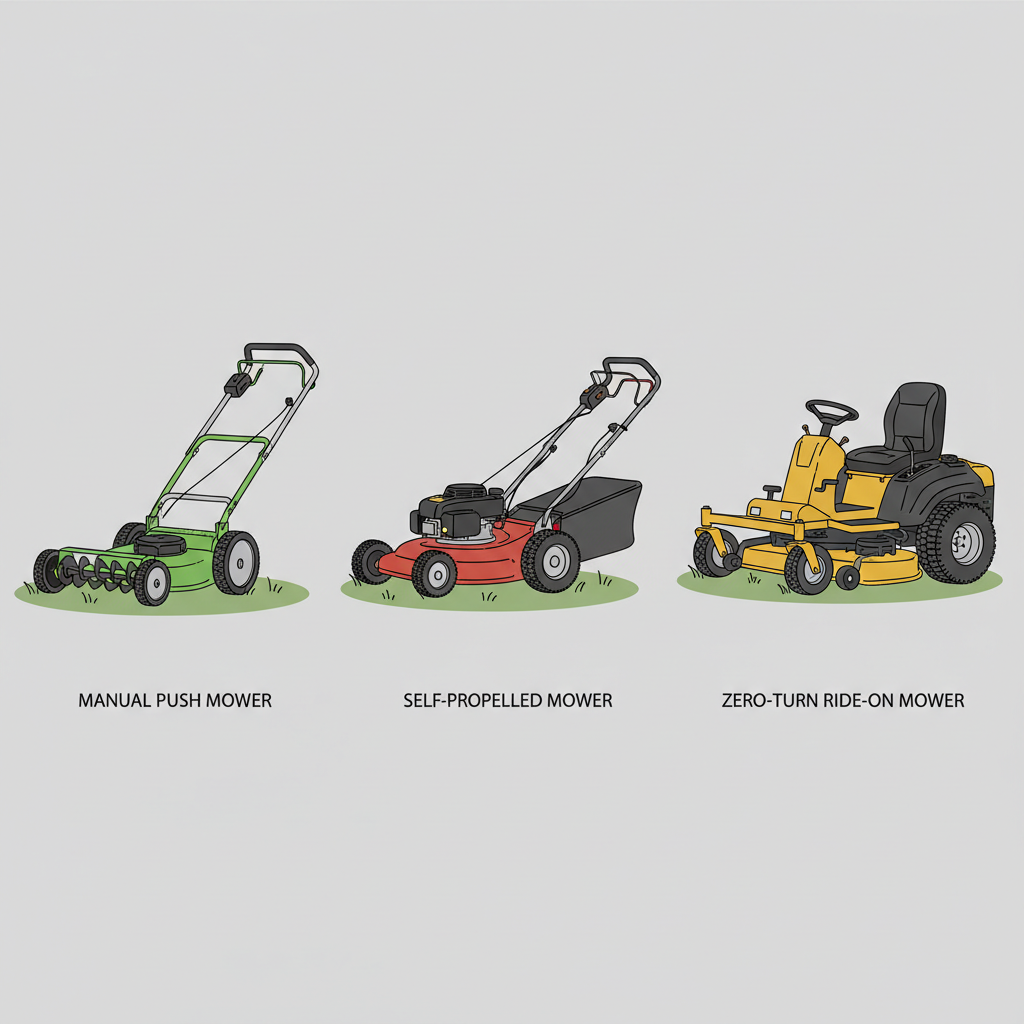 Three types of lawn mowers displayed side-by-side showing manual push, self-propelled, and ride-on models