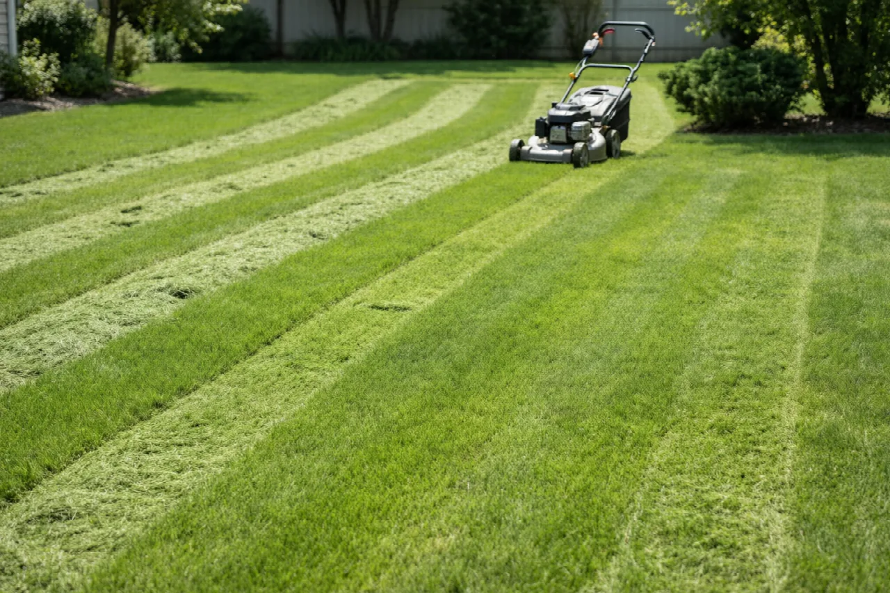 A lawn mower creating parallel overlapping mowing lines across a green lawn