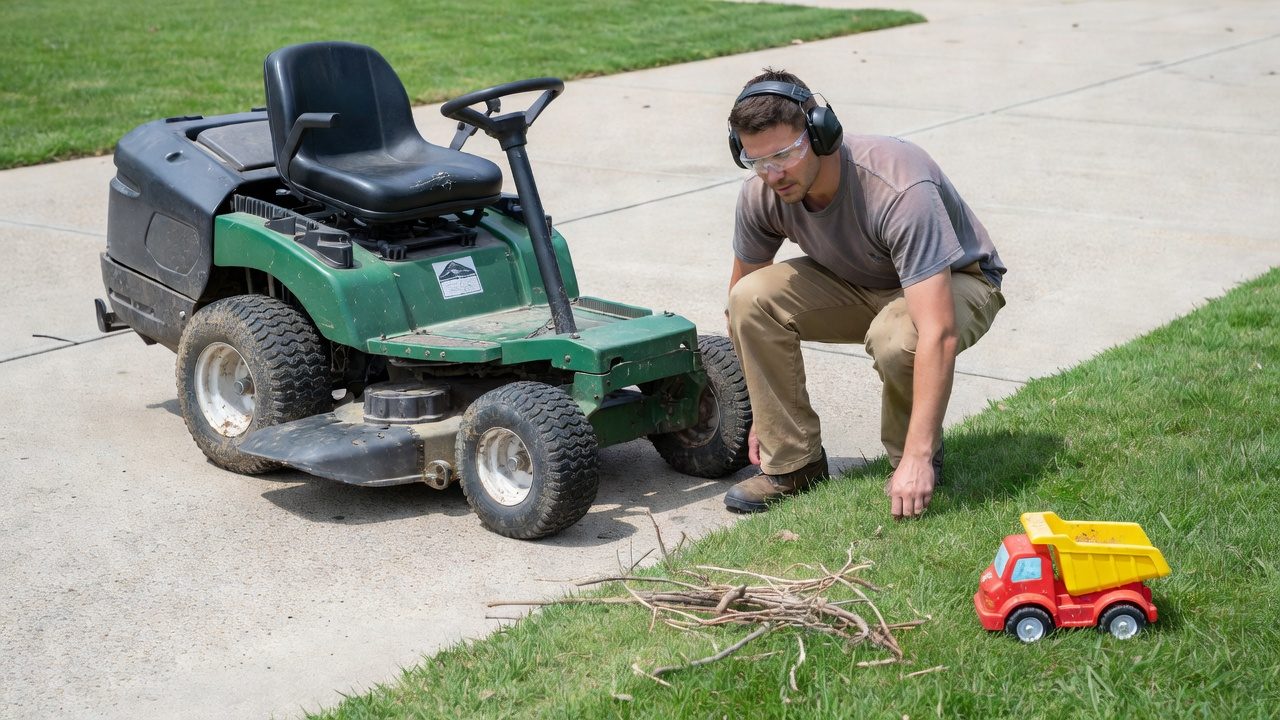 A person in safety glasses and ear protection inspecting a riding mower before mowing