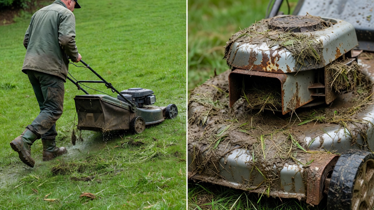 Side-by-side comparison of a person losing traction on wet sloped grass and a mower deck clogged with wet grass clumps and rust.