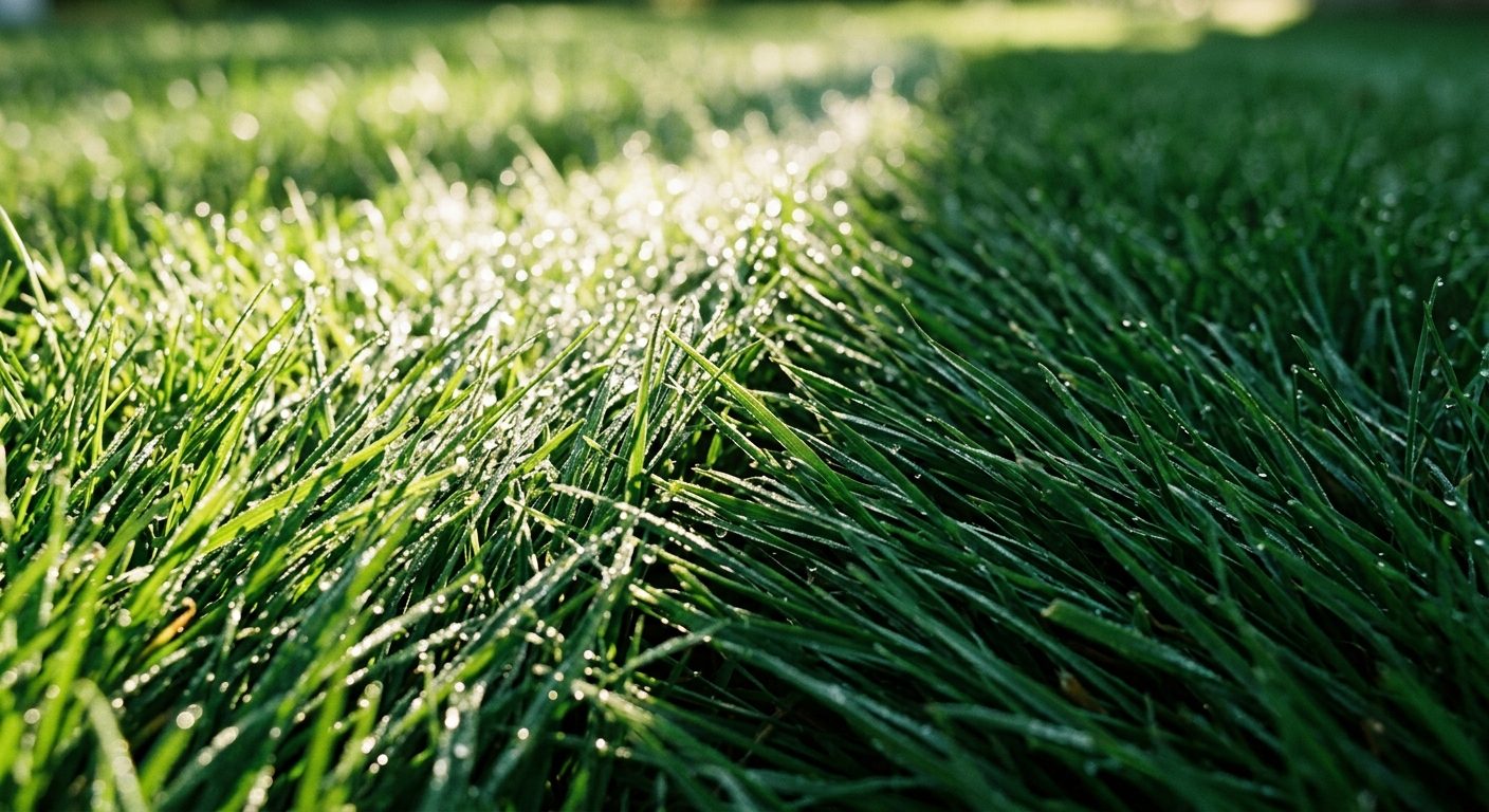 Close-up of grass blades bent in opposite directions catching light and shadow