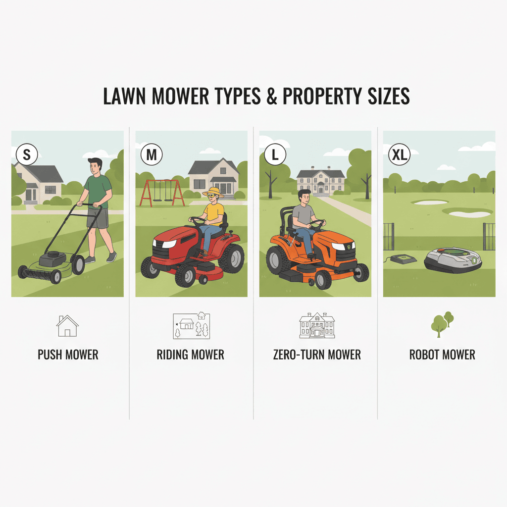 Four types of lawn mowers displayed by size category