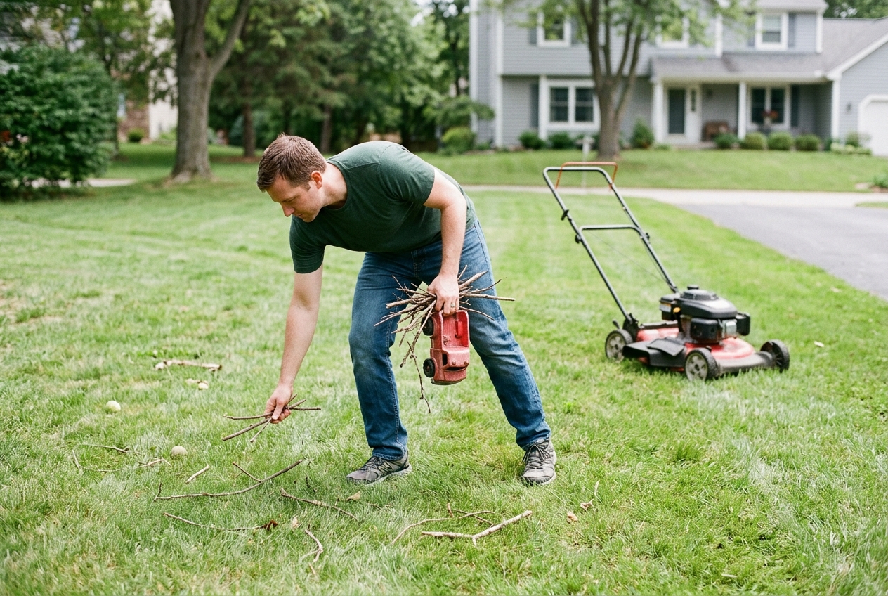 Person picking debris off a lawn beside a parked push mower