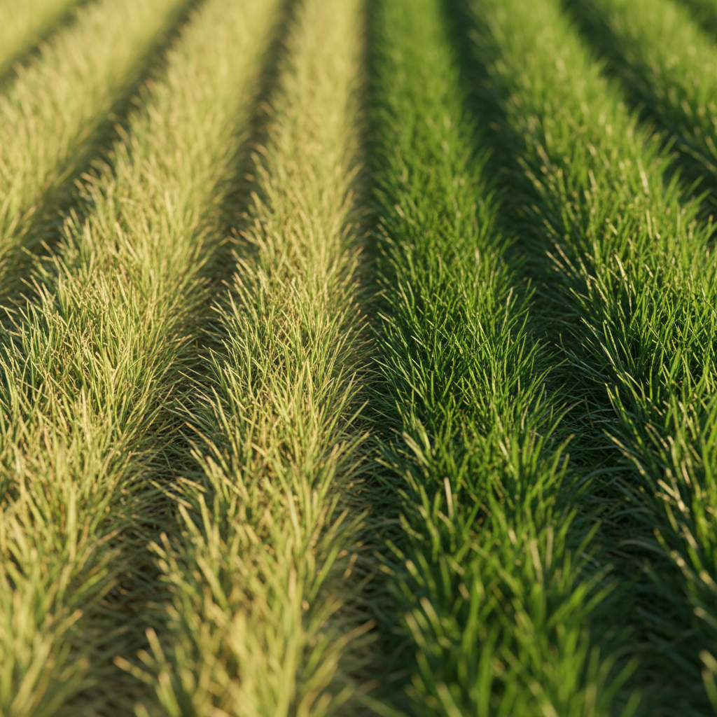 Ground-level close-up of grass blades leaning in opposite directions, one strip bright green and the adjacent strip dark green, showing the optical stripe effect