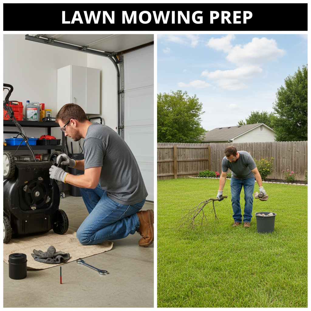 Preparation Before You Start Preparation checklist showing mower inspection and yard debris clearing