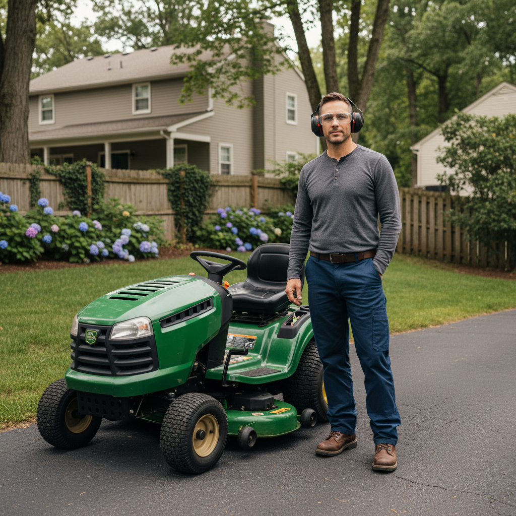 How to Mow with a Riding Mower Person in closed-toe shoes and protective gear standing beside a parked riding mower.