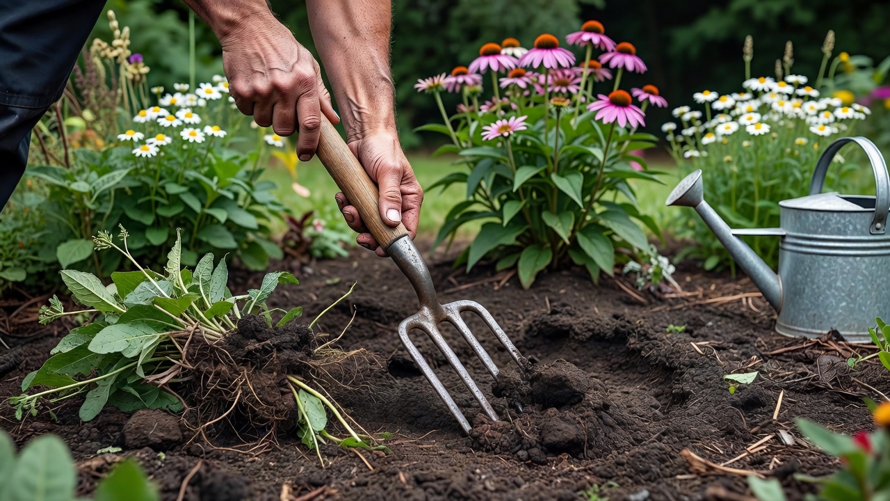 How to Mulch a Flower Bed: Steps, Timing, and Mistakes to Avoid Hands loosening soil with a cultivator in a weed-free flower bed before mulching