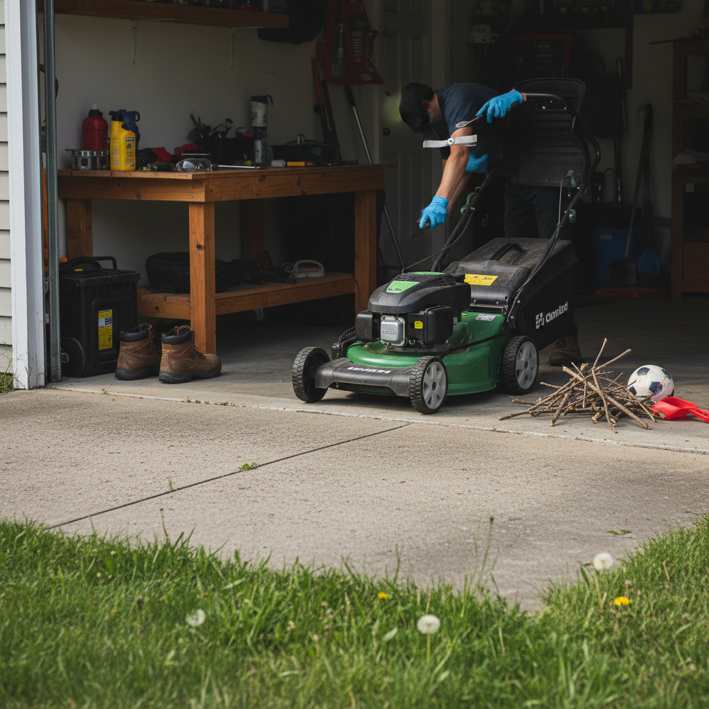 Parked mower, inspected blade, and yard debris cleared before mulching