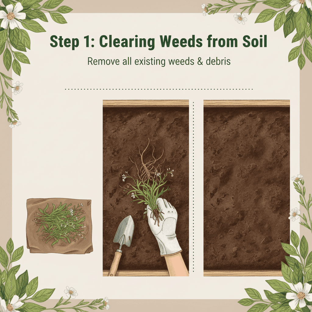 Four-step visual guide showing the process of mulching flower beds