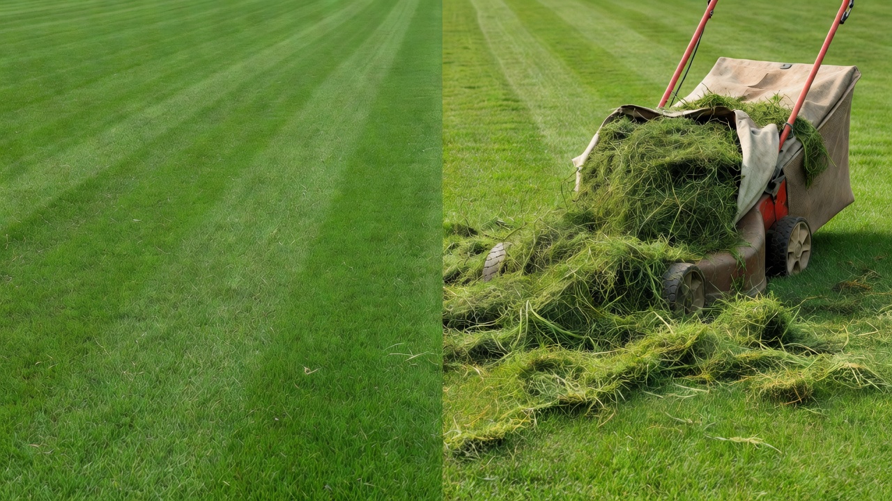 Side-by-side comparison of mulch mowing leaving clippings on turf versus bagging grass clippings