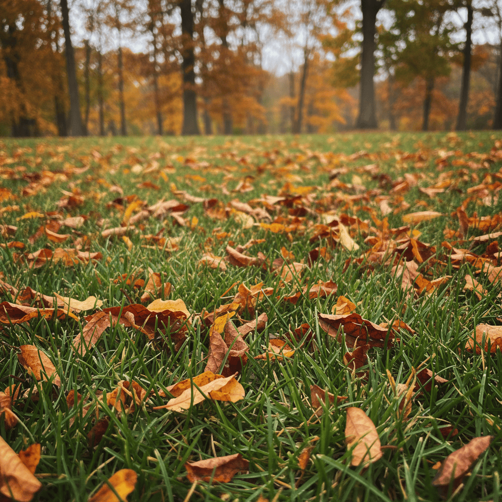 Close-up of fine mulched leaf pieces scattered across green grass
