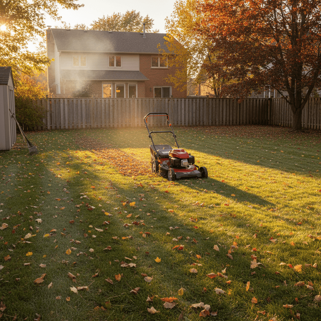Lawnmower parked on an autumn lawn covered with dried leaves