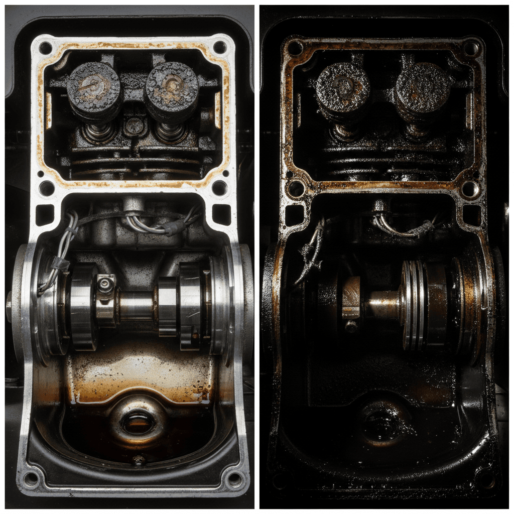 Comparison of clean versus sludge-filled lawn mower engine internals