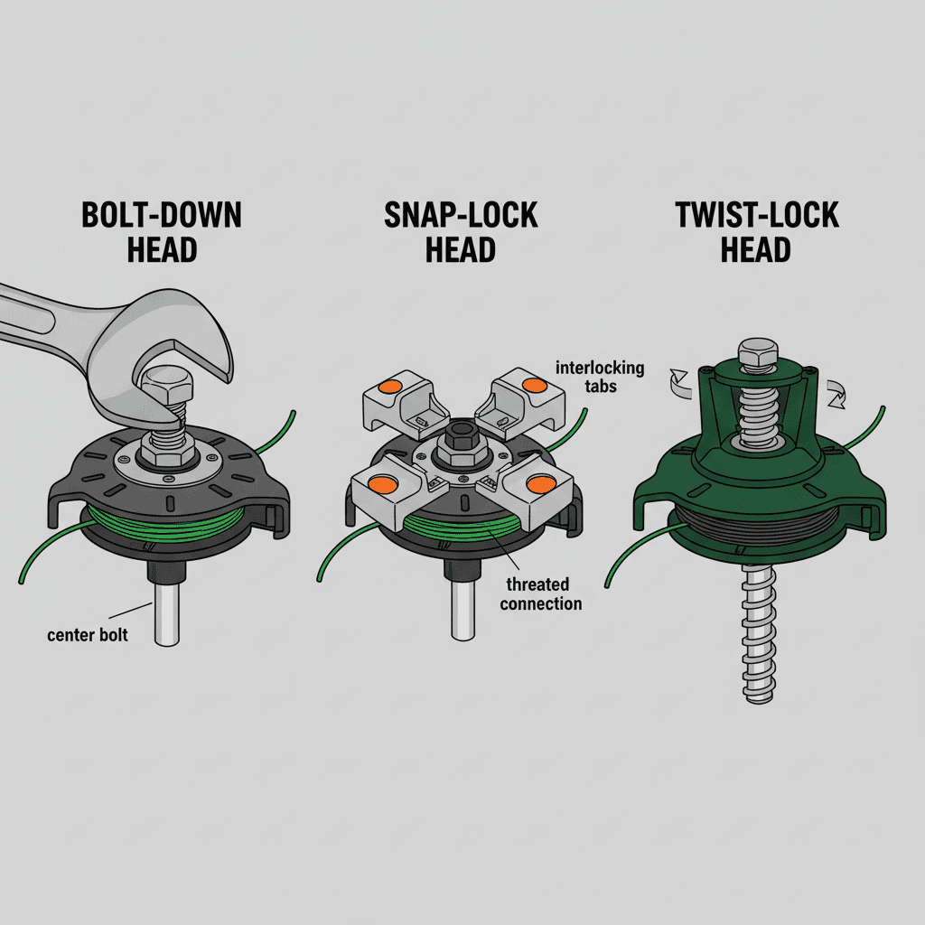 How Do You Open a Weed Eater Head to Replace String? (Step-by-Step Guide) Three types of weed eater head designs showing bolt-down, snap-lock, and twist-lock mechanisms