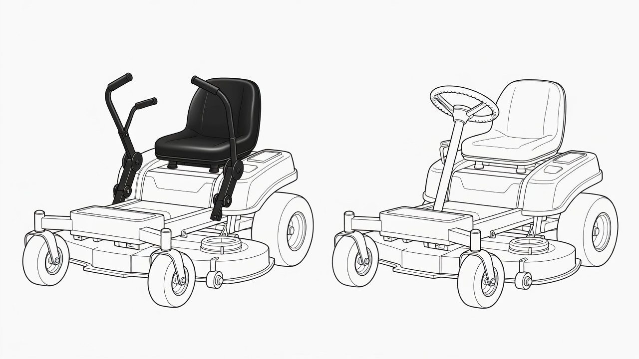 Side-by-side mechanical comparison of zero turn mower dual levers versus traditional riding mower steering wheel