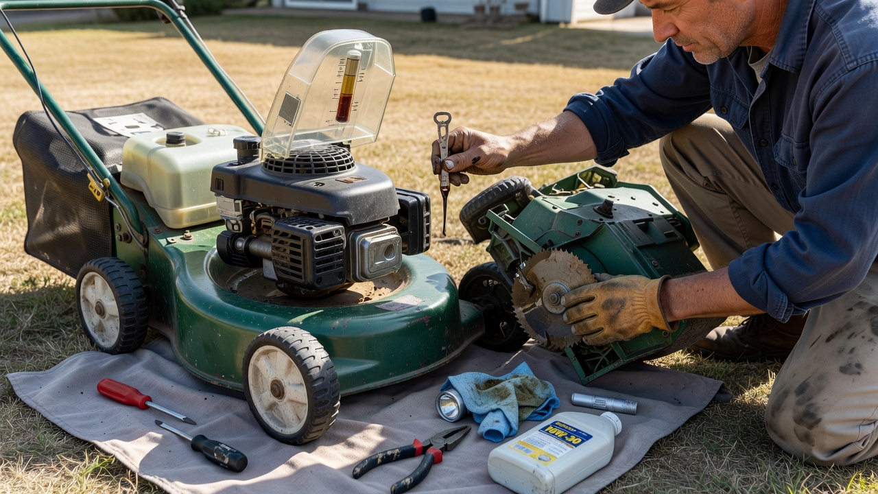 Pre-Operation Safety Inspection Person performing fuel, oil, and blade inspection on a parked lawn mower