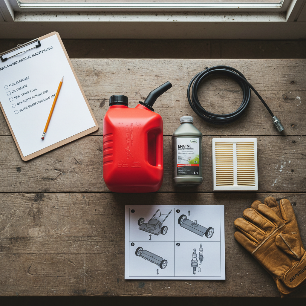 Flat-lay arrangement of lawn mower maintenance supplies and safety equipment on a workbench
