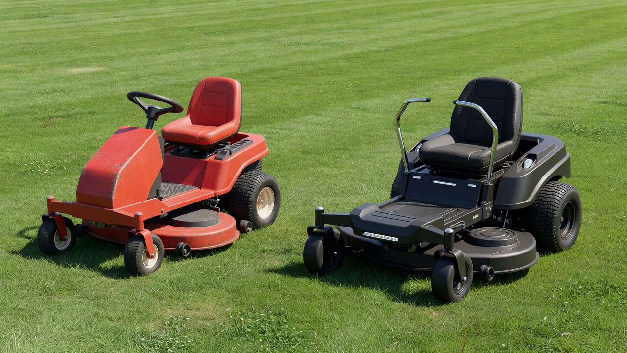 Traditional riding mower with steering wheel beside a zero-turn mower with dual lap bars on a green lawn