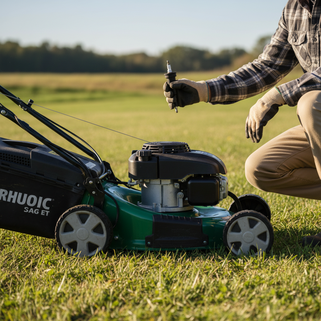 Person outdoors beside a lawn mower holding the spark-plug boot away from the engine.