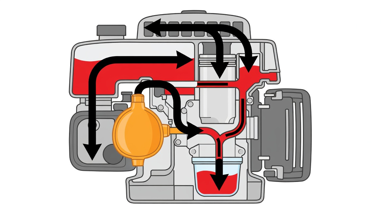 How Do You Prime a Lawn Mower? (Step-by-Step Guide) Cross-section diagram showing how fuel flows from the tank through the primer bulb into a lawn mower carburetor