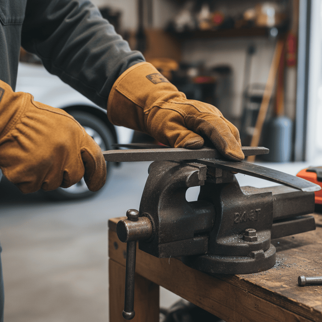 Hands sharpening a lawnmower blade with a file.