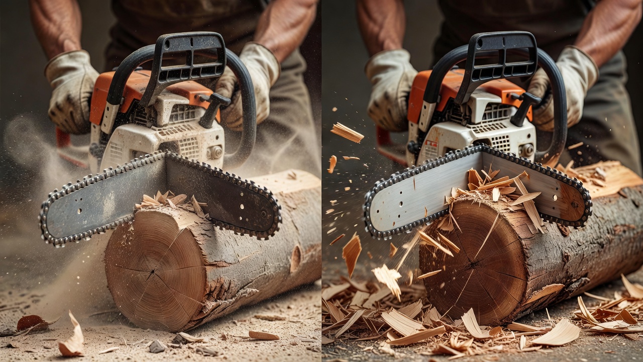 How Do You Properly Sharpen a Chainsaw? (Step-by-Step Guide) Comparison of dull chainsaw producing sawdust versus sharp chainsaw producing chips