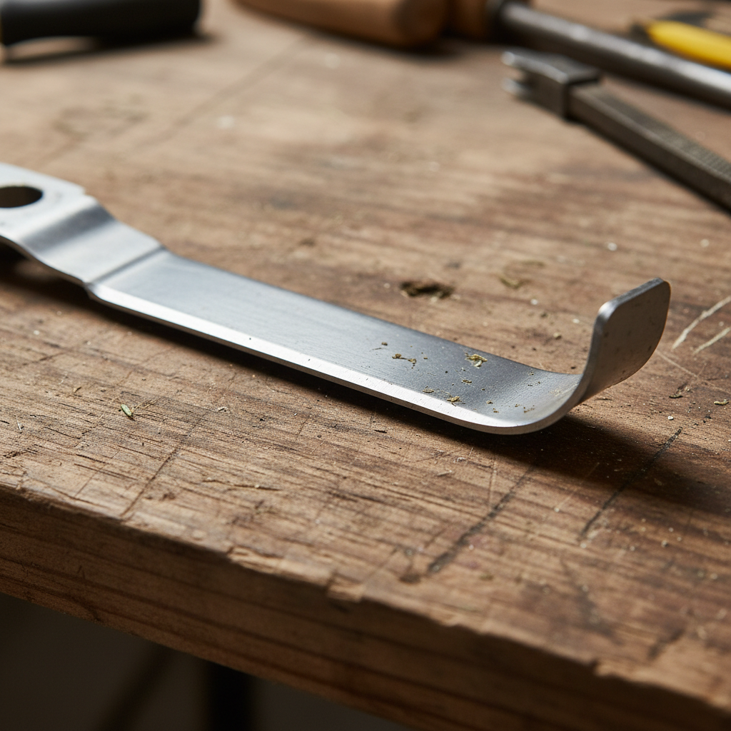 Close-up of a rotary mower blade showing a clean bevel and raised lift wing