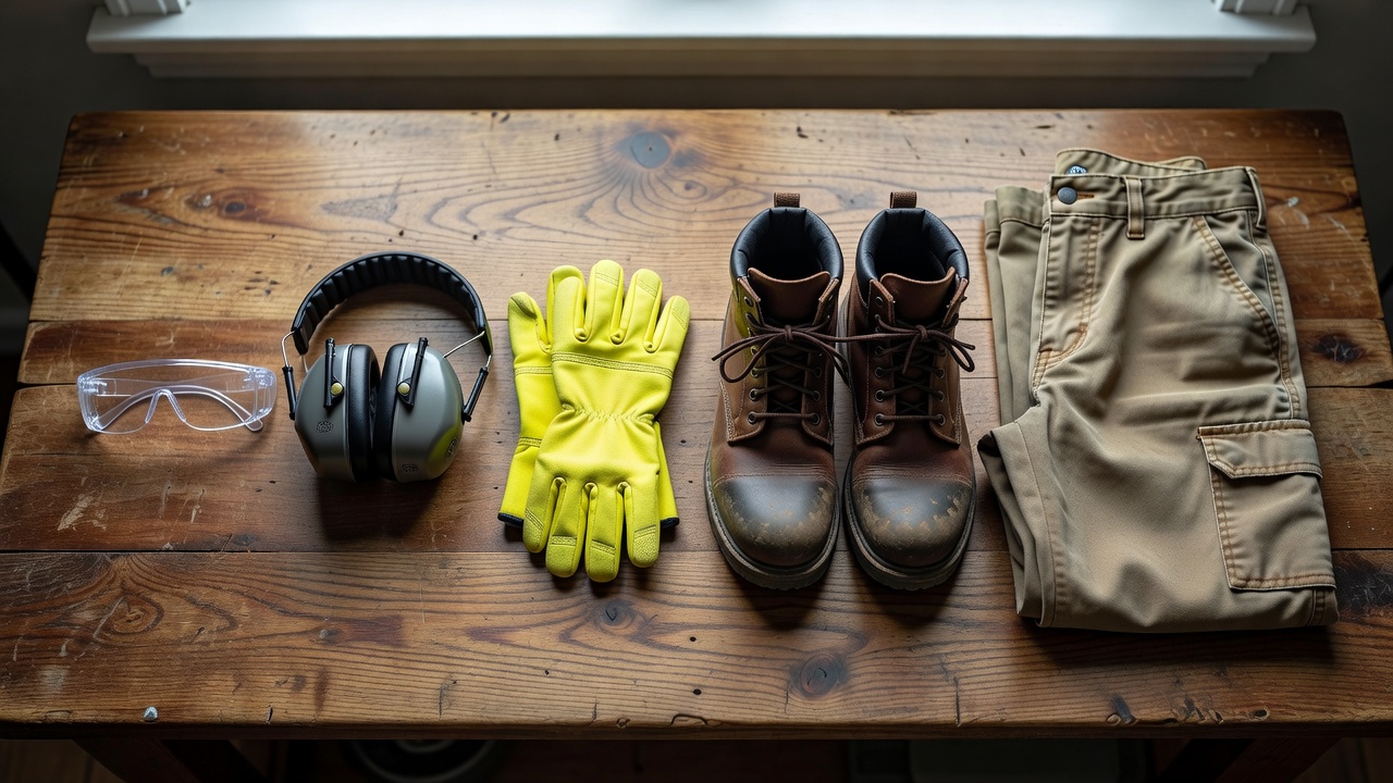 How Do You Push Mow a Lawn? (Step-by-Step Guide for Beginners) Push mowing safety gear laid out on a workbench before mowing