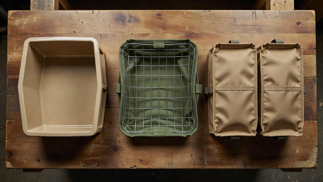 Three types of lawn mower grass catcher bags displayed side by side on a workbench