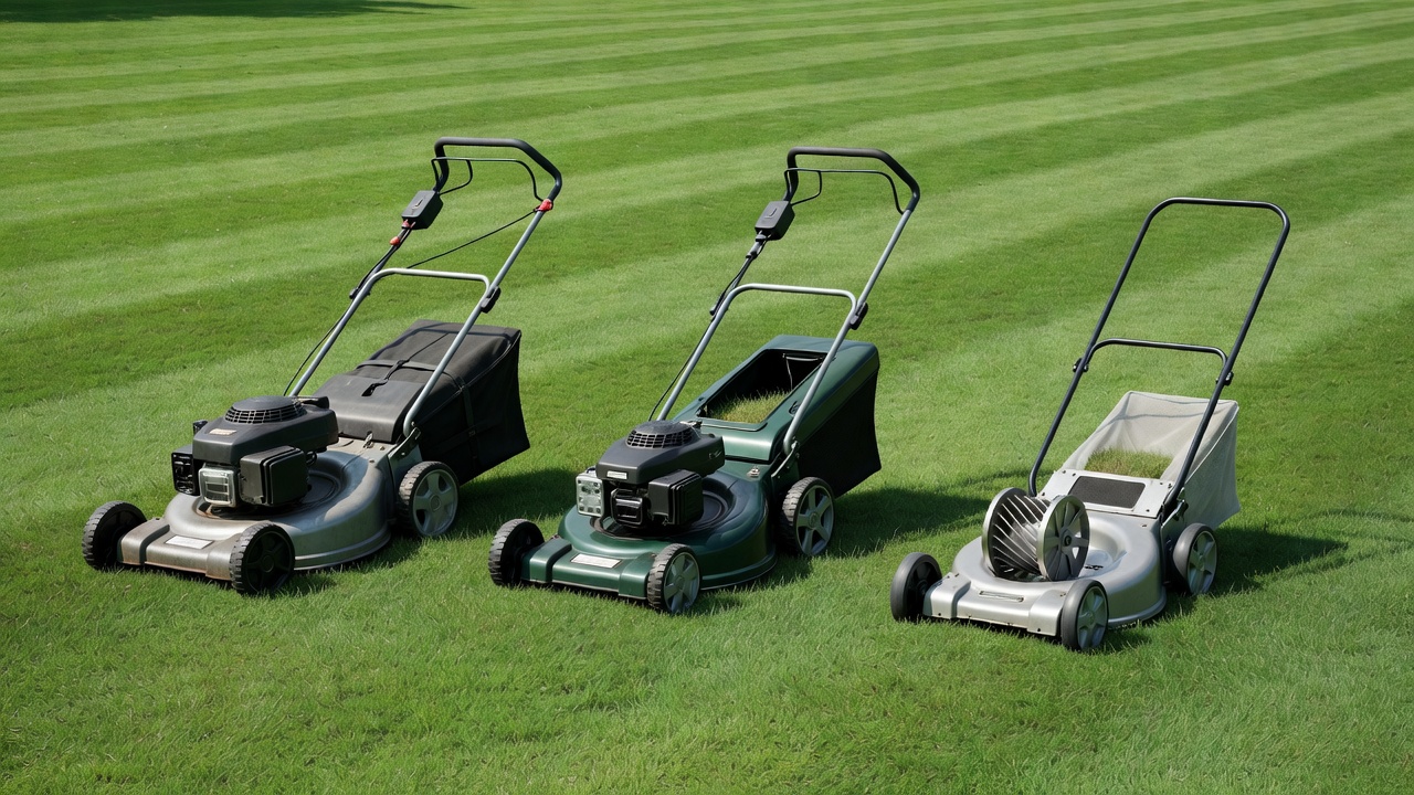 Three types of push mowers side by side showing rear-bag, side-discharge, and reel mower configurations