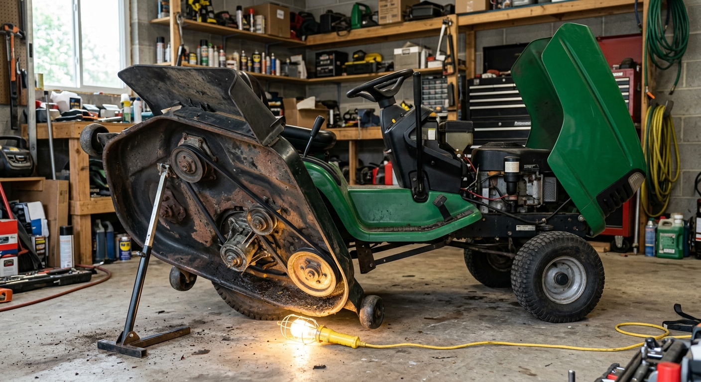 Riding lawn mower with the deck tilted up showing the exposed belt and pulleys underneath